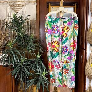 Vintage 90s Jams World Wide Leg Pants L Rayon Tropical Floral Resort Lounge Boho